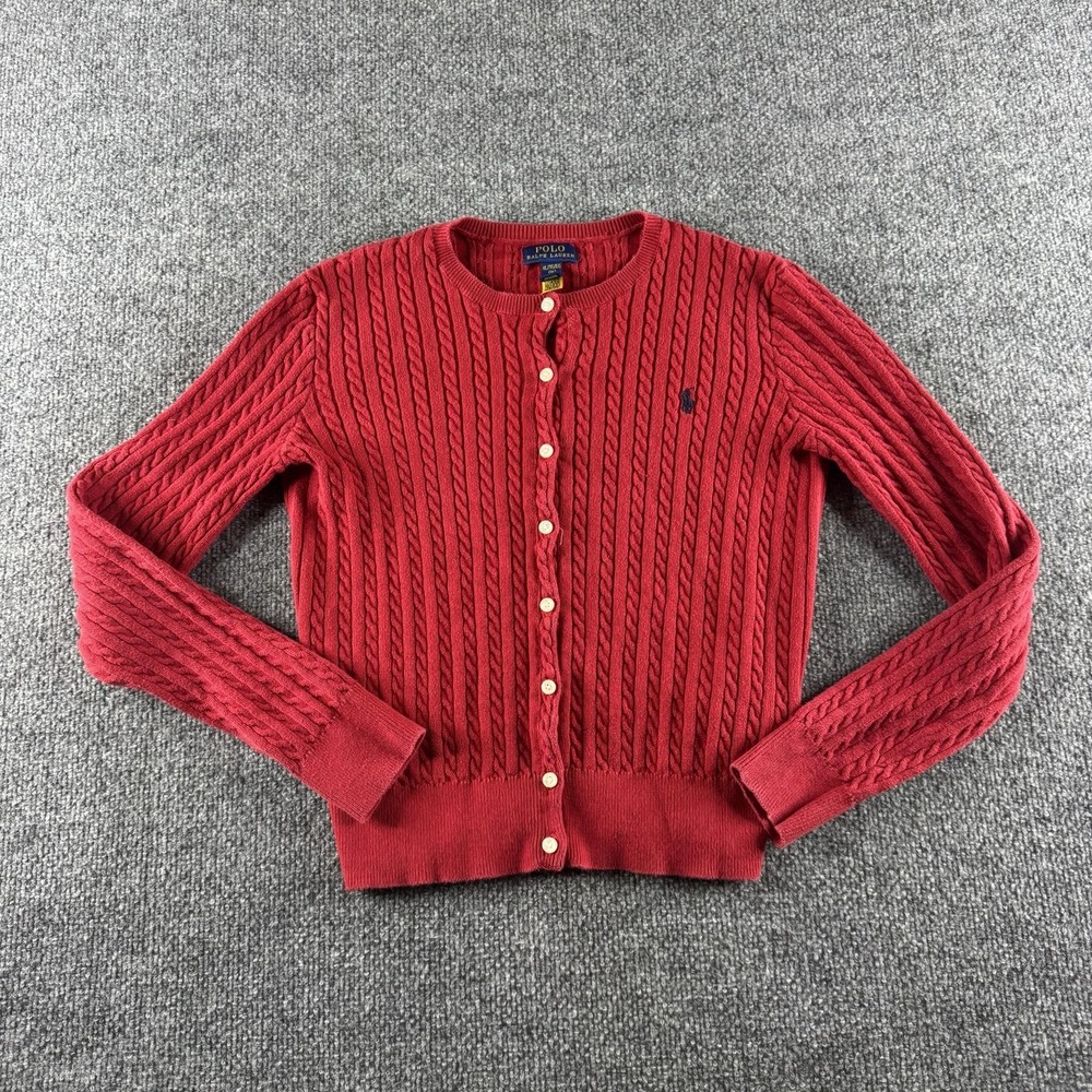 Polo Ralph Lauren Cardigan Sweater Girls XL 16 Red Cable Knit Button Front Logo